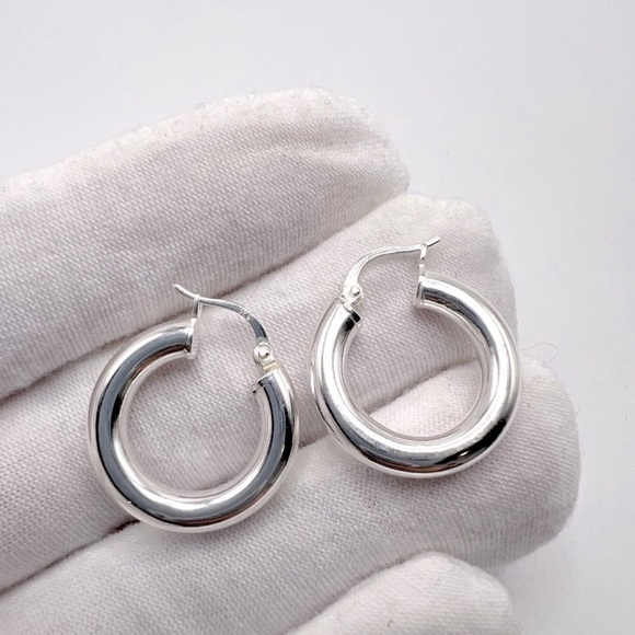 .925 Sterling Silver 4mm x 20mm  Round Tube Hoop Earrings - Picture 7 of 15